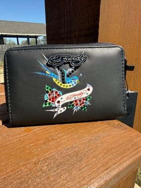 Ed Hardy Black Wallet with Multicolor Bird & Floral Rhinestones